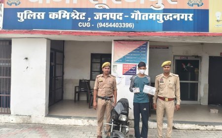 थाना सूरजपुर पुलिस द्वारा लुटेरा अभियुक्त गिरफ्तार, कब्जे से लूट के 46,250/- रूपये व घटना में प्रयुक्त 01  लाईटर पिस्टल व 01 मोटर साईकिल स्पलेंडर बिना नम्बर बरामद